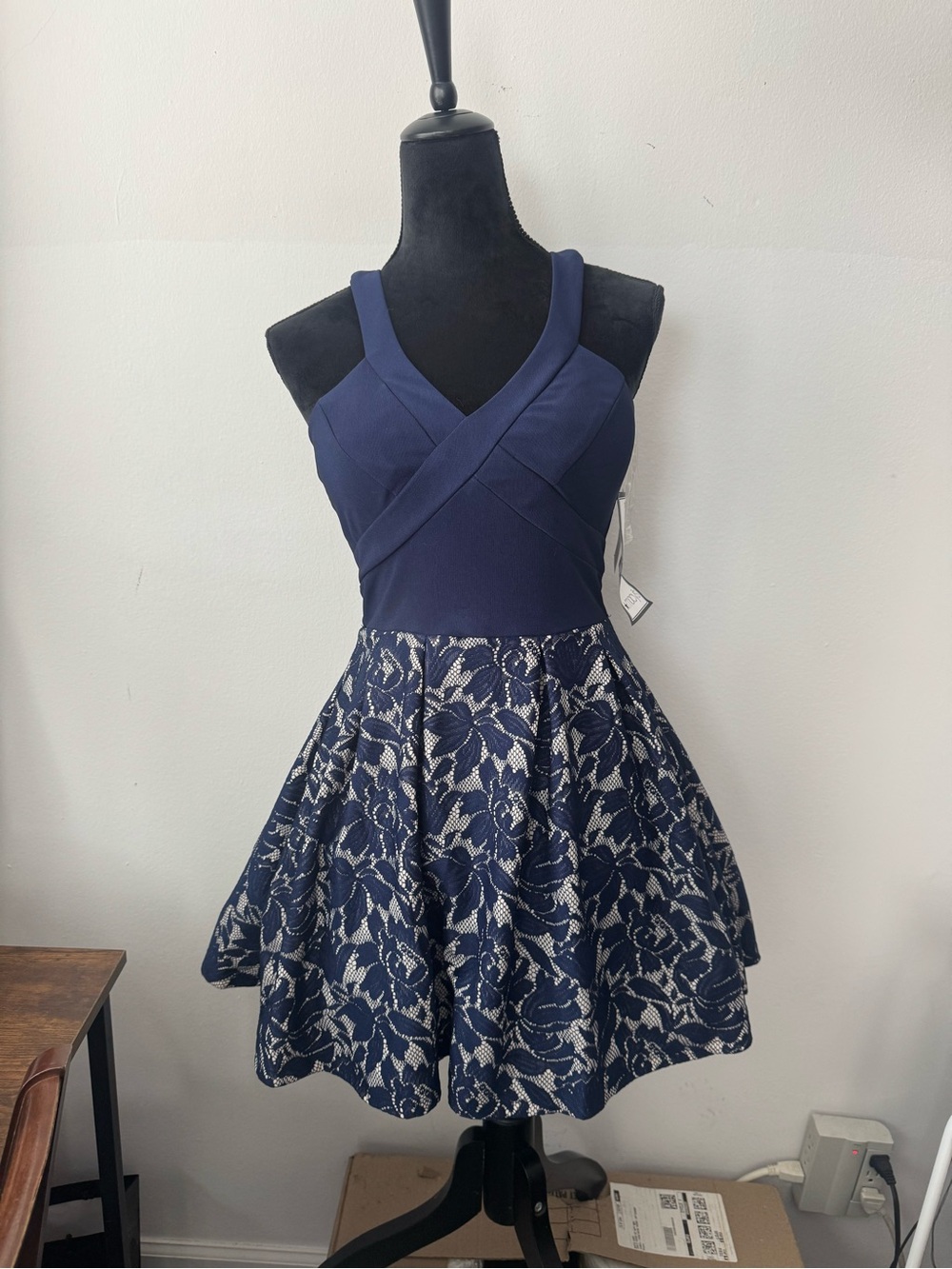 Crystal Doll Navy Blue and Cream Fit-and-Flare Mini Dress